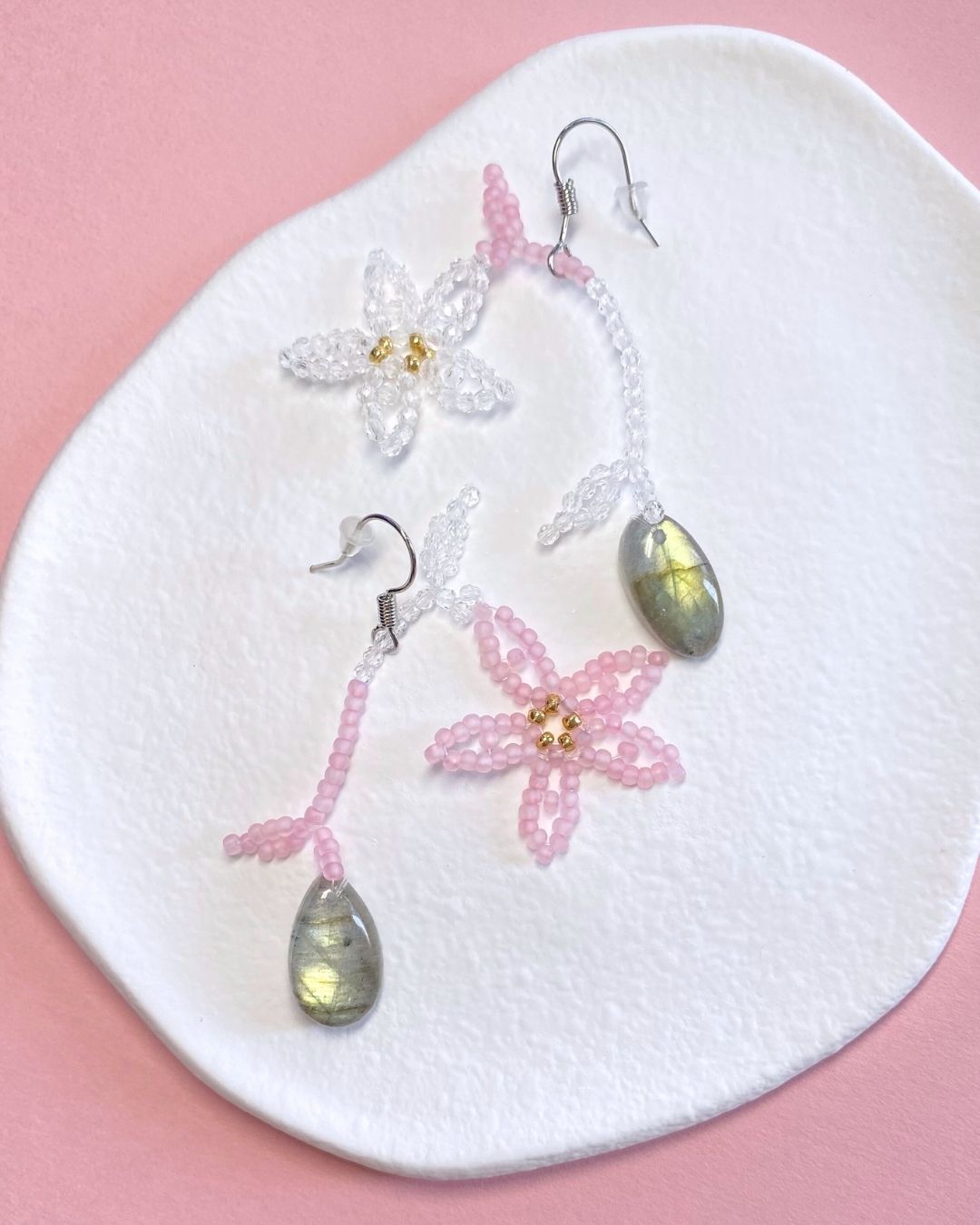 Labradorite frosted seed bead earrings