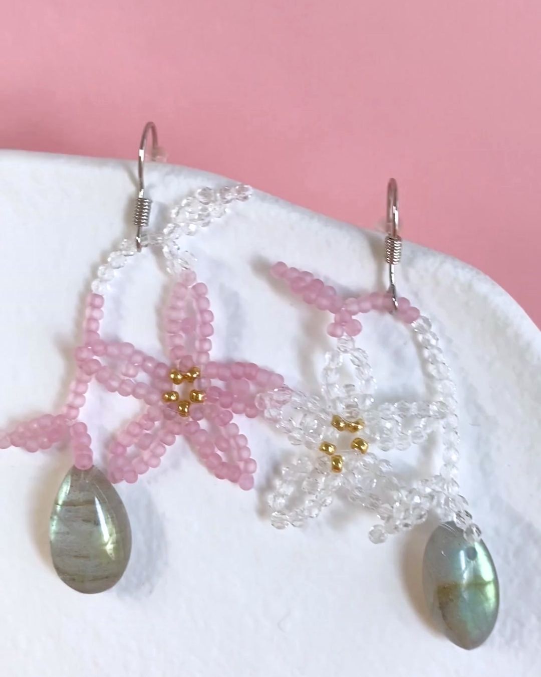 拉長石磨砂米珠耳環